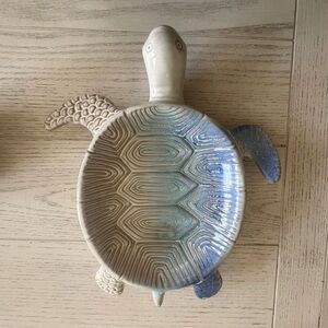 Ceramic Turtle Art Piece in Blue and Cream